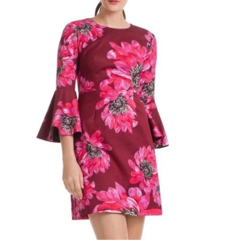 Trina Turk Pink Floral Cotton Faille Splendid Bell Sleeve Wedding Guest Dress 8